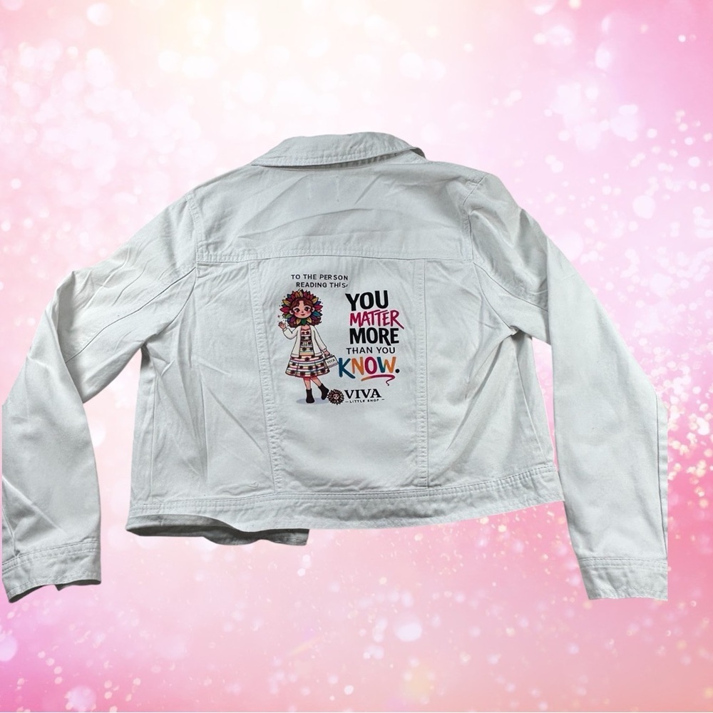 Custom White Denim Jacket “You Matter More Than You Know” Graphic size youth L - Picture 2 of 11